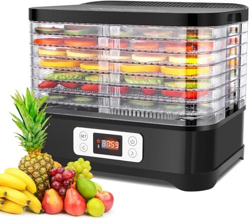 Meykey Dörrautomat mit Temperaturregler, Dörrgerät für Lebensmittel, 400 W elektrisches Dörrgerät, Edelstahl Dörrmaschine mit Zeitanzeige, Timer und Temperaturregelung(35-70°), BPA frei, schwarz