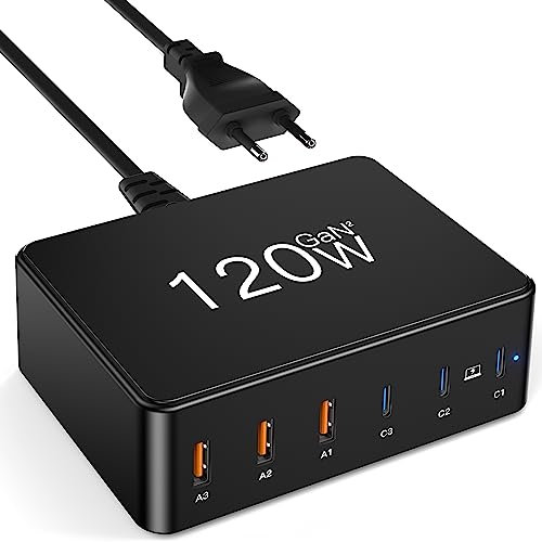 Cargador USB C, 120 W GAN de 6 Puertos USB, Cargador rápido USB C, Adaptador de alimentación con 3 USB-C y 3 USB-A, estación de Carga múltiple USB PD QC 3.0 para MacBook Pro, portátil, iPhone, i Pad