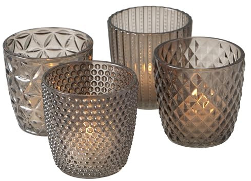 Modernist Home 4 Piece Chubby Tea Light and Votive Candle Holder Set, Translucent Smokey Grey Glass, 3 Inches Tall