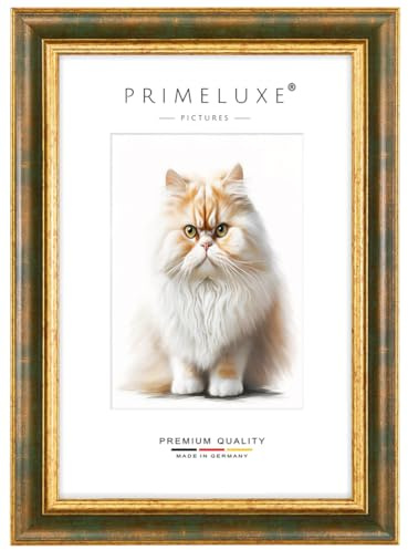 PrimeLuxe Marco de fotos barroco a medida, 40 x 60 cm, color verde y dorado, tamaño a elegir, con cristal acrílico antirreflejos, marco para pósteres, puzles, collage de fotos