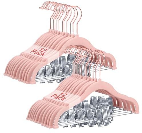 Wellong Baby Clothes Hangers with Clips, 24 Pack Kids Clothes Hangers, Heavy-Duty Childrens Hangers, Clothing Hangers for Shirts, Pants, Skirts, Dresses, Jackets, Coat Pink - Rose Gold Hook
