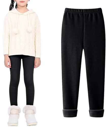 JiAmy Leggings pour filles avec doublure en polaire - Legging classique - Couleur pure - Pour l'hiver - Pantalon thermique épais en coton chaud pour fille de 5 à 13 ans, Noir , 6-7 ans