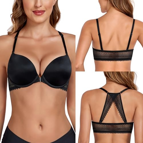 Lemorosy Soutien-Gorge Femme Push-up Profonde V Rembourré Fermeture Devant Dos-Nageur à Armature pour Grande Taille T-Shirt Bra Dentelle (Noir,95C)
