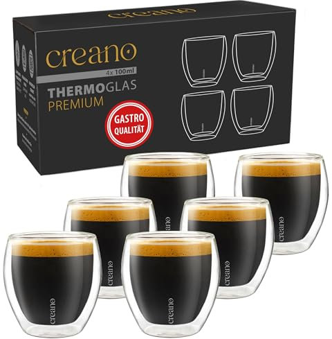 Creano Lot de 6 verres à expresso à double paroi 100 ml - Qualité gastronomique - 100% lave-vaisselle - Verre thermique - Double paroi - Nouveauté 2024