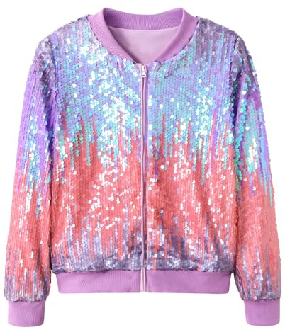 Freshhoodies Girls Jackets Gradient Purple Pink Kids Sequin Jacket Zip-Up Jackets Long Sleeve Tinsel Jacket Casual Baseball Jersey, 8-9 Years