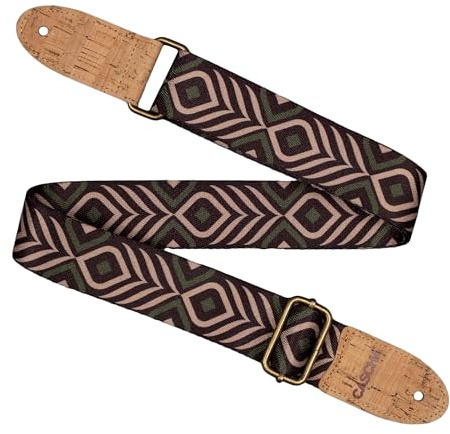 Cascha Gitarrengurt, Veganer Gurt mit Korkenden, Geometrisches Design in Grün und Beige, Polyester-Material