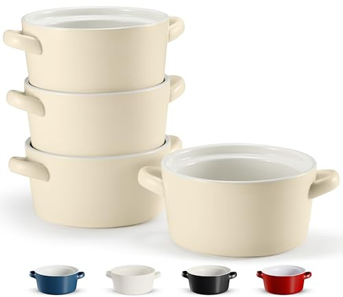 Kook soppkrukor, keramiska stapelbara skålar, broil, ugn, mikrovågsugn och diskmaskinssäker, med handtag, för gryta, pasta, flingor, standardkapacitet 510 g, full kapacitet 69 g, set med 4 (elfenben)
