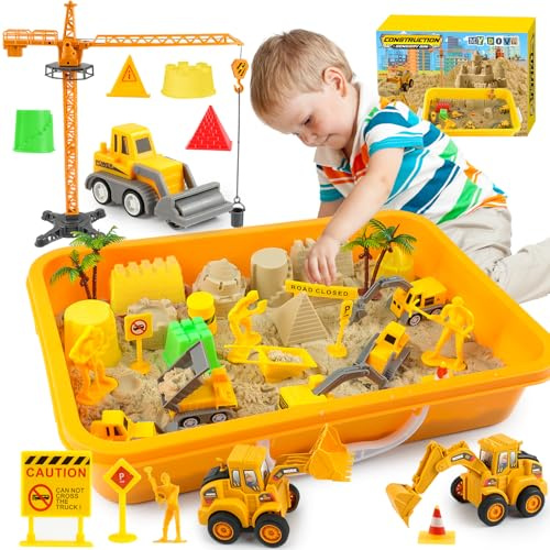 Construction Sensory Bin, Play Sand Construction Set, Beach Building Castle Kit with 2.2lbs Play Sand, 2 Take-Apart Construction Trucks, 5 Small Toy Trucks and Signs, Preschool Learning Activity Gift