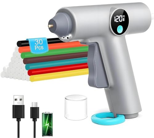 Pistola per colla a caldo a batteria, pistola per colla a caldo, senza fili, riscaldamento rapido con 30 bastoncini di colla a caldo, 7 mm, ricarica Type-C per regali, scuola, fai da te e riparazioni