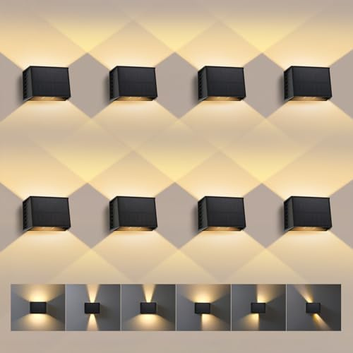 T-SUN 8 Piezas Lámparas Solares para Exterior 3000K Aplique Solar de Pared Exterior Aplique Cuadrado Negro IP65 Impermeable Ajustable Arriba Abajo para Jardín Pared Valla Garaje Escalera