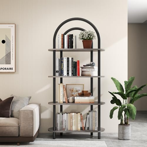 YOSHOOT 4-Tier Arched Bookshelf, Bookcase with Metal Frame and Wooden Shelves, 165.5cm Tall Floor Standing Display Shelf, Storage Shelves for Living Room, Study, Office, 80x30x165.5cm(Gray Oak)