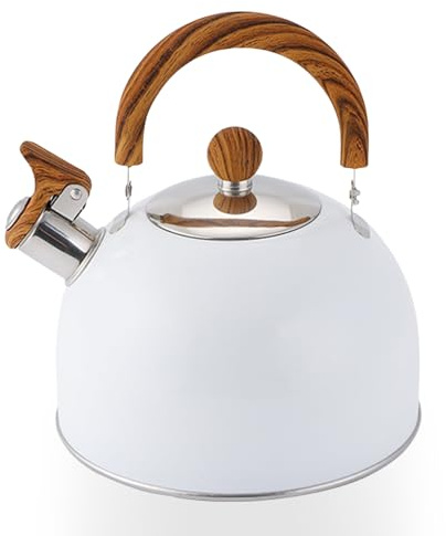 Stove Top Kettle, 3L Camping Kettle White Food Grade Stainless Steel Whistling Kettles with Wood Pattern Handle Suitable for Gas Hob All Heat Sources