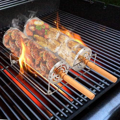 Juego de 2 Cilíndrica Parrilla Barbacoa 30cm 29cm Acero Inoxidable 304, Cesta Giratoria con Mango Madera Extraíbles, 2 Ganchos, 2 Tenedores, Cepillo, Soportes, Utensilios Accesorios Barbacoa
