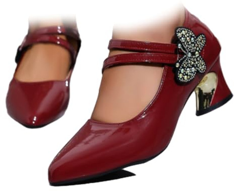 Mary Jane - Scarpe da donna con tacco a blocco, con strass scintillanti, con 2 fibbie e cinturino in stile retrò, eleganti scarpe décolleté con tacco medio a punta, Borgogna, 38.5 EU