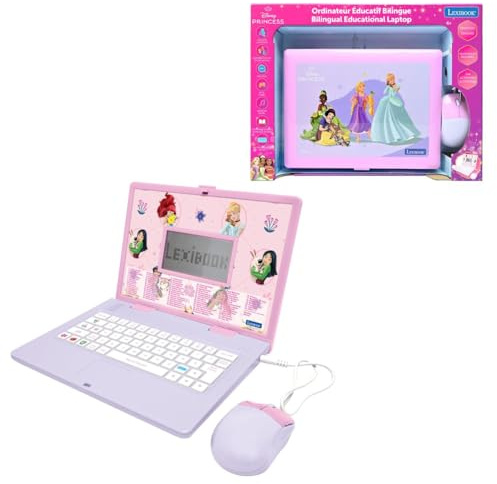 Lexibook, Disney Princess, Ordinateur Portable Éducatif Bilingue, Anglais et Français, 164 Activités , Jeux d'apprentissage, Souris et Clavier Réalistes, Grand Écran, Rose/Violet, JC601DPi1LXB