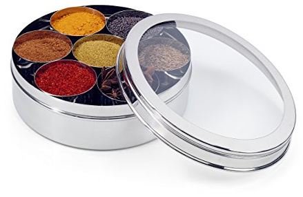 Zinel 7203 Kryddlåda i rostfritt stål/Masala Dabba med 7 jämförelser och transparent lock, 22 cm, 22 cm, silver