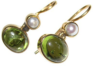Kleine Peridot-Ohrringe grün echte Süßwasser-Perle Hänger Haken verschließbar Silber vergoldet Handarbeit Unikat Italien Frauen Mädchen Retro Vintage