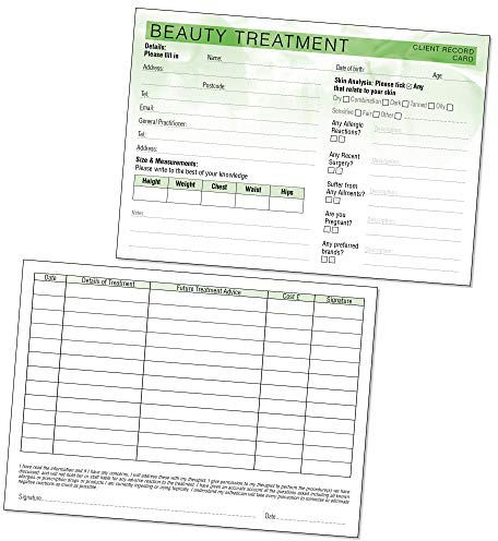Beauty Client Record Card - Formulario de consulta de tratamiento para terapeutas móviles y salones A5 Paquete de 50 - Paisaje