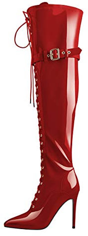 Only maker Damen Rote Boots High Heels Stiefel mit Verzierten Riemchen Reißverschluss Lack Optik Über das Knie Schnürstiefel Lackleder Rot 44 EU