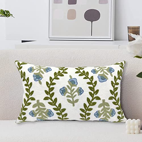 Alysheer Funda de cojín Decorativa Lumbar Bordada de Flores de Granja de 12 x 20 Pulgadas, patrón de Punto de Hojas Verdes y Flores de cabaña, Funda de cojín 100% Lona de algodón para decoración de
