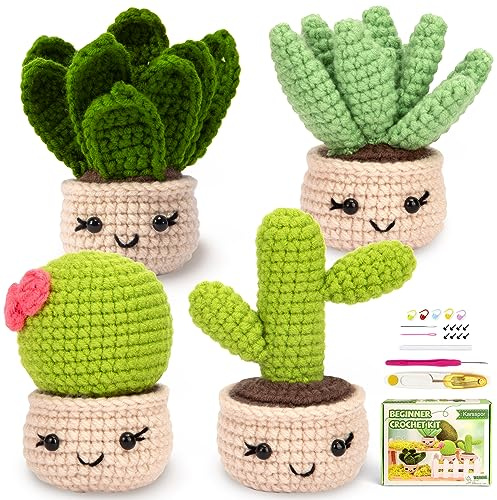 Karsspor Crochet Kit for Beginners, 4 PCS Succulents Crochet Kit with Step-by-Step Instructions and Video Tutorials, Beginner Crochet Kit, Complete Crochet Starter Kit(Patent Product)