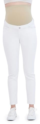Women’s Maternity Jeans Over The Belly Waistband with Belt Loops -Fall Maternity Clothes- Pregnancy Clothes for All Seasons, Maternity Pants – 27“ Inseam (L, White)