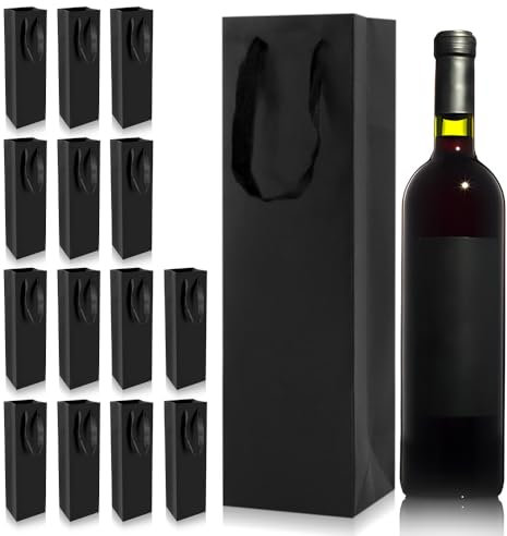 Aoreun Kraft-Wein-Geschenktüte, 15 Stück Tüten Wein Tüte Flaschen Geschenktüten mit Griff Wiederverwendbares Kraftpapier für Champagner Bier, Weihnachten Hochzeit Party, Schwarz (11 x 9 x 35 cm)