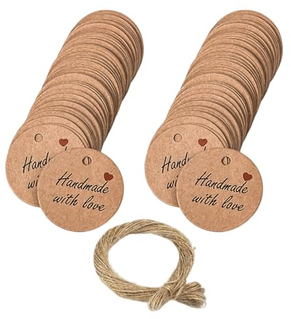 TYFGRT Confezione da 200 Etichette Pendenti Fatte A Mano con 40 Metri di Spago, Etichette in Carta Kraft, Etichette Regalo, Etichette Artigianali, Etichette Decorative