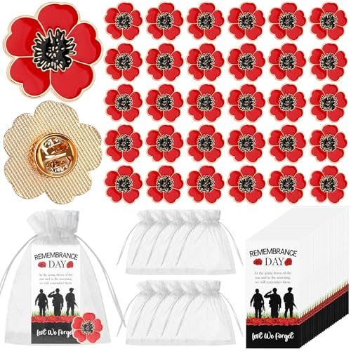 30 Set Red Poppy Lapel Pin Memorial Cards and Organza Bags Poppy Flower Bouquet Shape Brooch Pin Apparel Badges for Veterans Day Memorial Day Remembrance Day Women Men Girl (Poppy Flower)