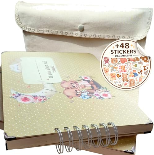 Album Nascita Neonato A4 Personalizzabile – Diario dei Primi Ricordi con 48 Stickers e Tasche in Tessuto – Idea Regalo Baby Shower Made in Italy Di Carmen