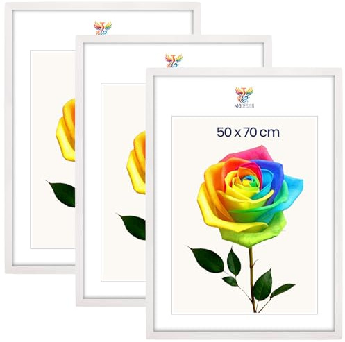 MG Design Set da 3 cornici portafoto 50 x 70 cm – Cornici in legno Bianco con vetri acrilici infrangibili, verticale e orizzontale con fissaggio a parete stabile