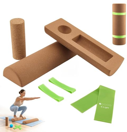 Cork Balance Board 4-in-1 Set for Adults, Natural Wobble Board with Weight Blocks & Massage Roller | Ankle Stability Trainer for Foot Strength & Home Physio | Adult Balance Training Equipment