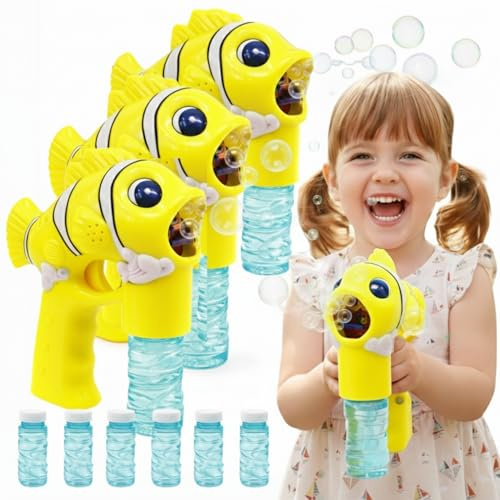 Pistola de Burbujas - Set de 3 - AMATOYS - Máquina de Pompas Automática con Luces - Forma de Animales - Pomperos para Niños y Niñas - Juguete para Piscina y Verano (PEZ_Amarillo)