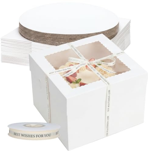 Iyxeo 12 stycken tårtlådor med kakbräda, vit för tårtor 30 x 30 x 20 cm | Hög tårtlåda med kakfat och 30 m Best Wishes presentband | Tårtkartong tårta transportlåda engångs för tårtor | Kök