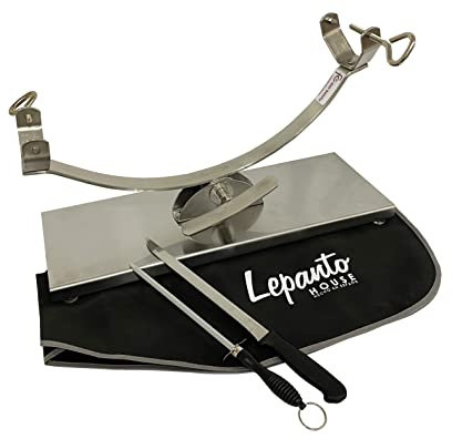 Jamonero balancin, soporte jamonero basculante de acero inoxidable + set de corte con cuchillo jamonero + chaira y cubre jamon negro LepantoHouse