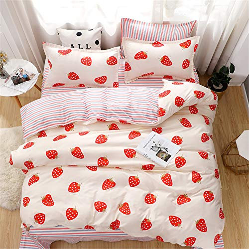 Morbuy Bettwäsche Set 4 teilig - Erdbeere Drucken Bettwäsche-Set - Mikrofaser Bettgarnitur mit Reißverschluss Schließung Bettbezug 2 Kissenbezüge 1 Bettlaken (200x230cm/2.0M,Streifen)