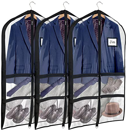 Univivi Clear Black PVC Dance Costume Bags (3 Pack) Garment Bag 40 Inch for Dance Competitions, with 4 Medium Clear Zipper Pockets and 1 Large Back Zippered Pocket [Upgraded Version]