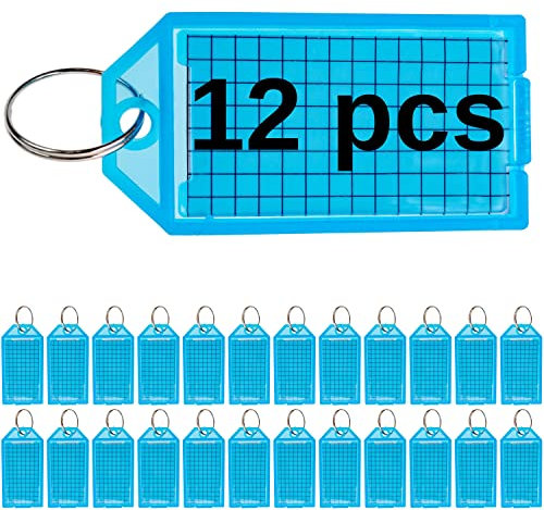 Schlüsselanhänger zum Beschriften, 12 Stück, Blau, mit Schlüsselring, 51 x 20 mm Etiketten-Fenster, Schlüsselschild mit Spaltring, Schlüsselbeschriftungen, Schlüsseletiketten, Schlüssel Organisation