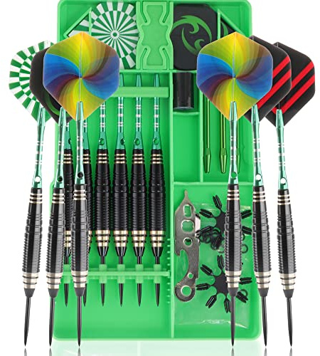 CareGames Dardos de Acero,Dardos Profesional de Punta 24g,con 6 Dardos de Metal Material,12 Plumas,20 Anillos de Goma,2 Protector de Vuelo,1Llave inglesa,1Piedra molida y Caja de Regalo