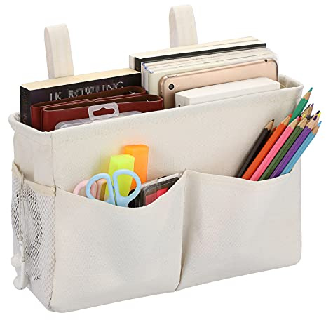 IGNPION Canvas Bedside Hanging Storage Bed Pockets Baskets-Adjustable Hanging Tape Dormitory Bed Organiser Caddy Mulit-purpose Hanging Storage Bag for Home Office School Dorm Hospital, White