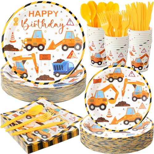 Uiifan 350 Pcs Construction Party Supplies Set Include 100 Plates 50 Paper Cups 50 Napkins 150 Plastic Silverware For 50 Guests Birthday Party Decorations Disposable Dinnerware Set (Dark Yellow)