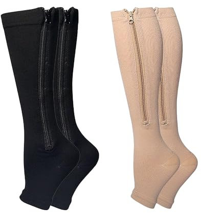2 Pair di Calze di Compressione a Zip, Calze di Compressione Senza Orteggio, Elastiche, Calze a Zampa Alta a Zip, Calze Medicali per Varicose Veins, per Donne Uomini per Corsa, Cura Esercizio