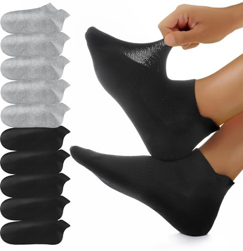 YouShow Sneaker Socken 10 Paar Herren Damen Kurze Socken Baumwolle Sportsocken Atmungsaktive Laufsocken Schwarz Grau 43-46
