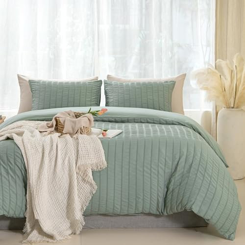Tokokimo Seersucker Bettwäsche 200x200 - Salbei Grün Bettbezug 200x200 cm Microfaser 3teilig Sommer Bettwäsche Set mit Reißverschluss - und 2 Kopfkissenbezug 80x80cm mit Reißverschluss