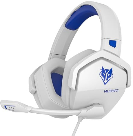 NUBWO N16 spelheadset – brusreducerande mikrofon, stereoljud och bekväm design för PS5, PS4, Xbox One, NS, PC, bärbar dator och Mac – vit/blå