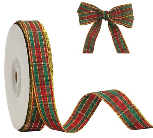 G2PLUS 25 Yards Ruban de Noël 15mm à Carreaux Rouge et Vert avec Bord Doré pour Emballage Cadeau, Artisanat et Décoration D'arbre de Noël