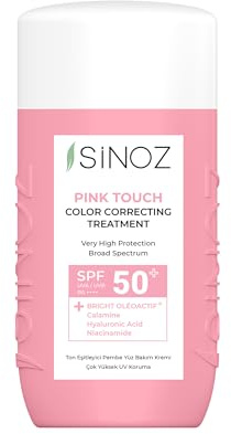 Sinoz Pink Touch Fluide Solaire Visage SPF 50+, Soin Correcteur de Teint Rose, Très Haute Protection UVA/UVB, Niacinamide, Acide Hyaluronique, Calamine, Peaux Sensibles, 50 ml