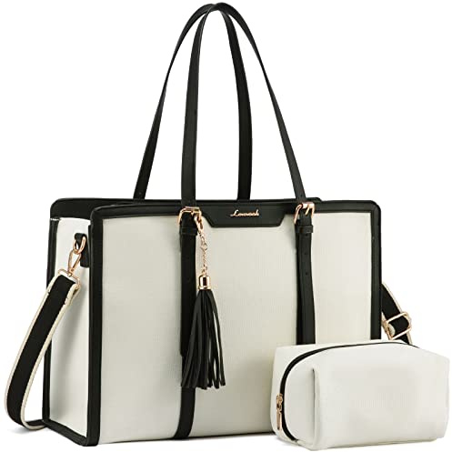 LOVEVOOK Laptop Handbags for Women 17.3 inch Large Tote Bag with Compartments Ladies Teacher Work Bag Canvas Shoulder Cross Body Bag Waterproof for Office Business School College Shopping White