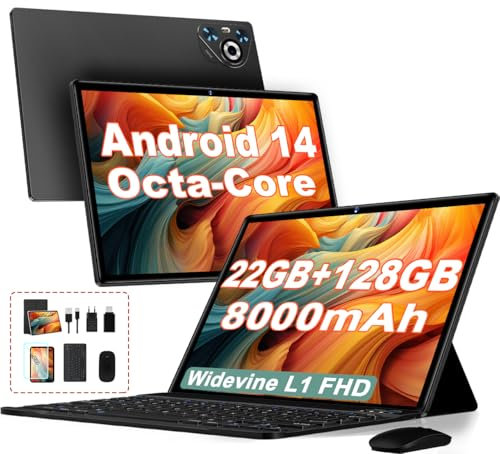 Dghrti 2025 Tablette Android 14 Tablette Tactile, 22(6+16) Go RAM+128Go ROM/TF 2TB, 8-Cores, 8000mAh, GPS, Face ID, Widevine L1, BT5.0, 8MP+5MP, WLAN 6, Contrôle Parental, Tablette avec Souris-Noir