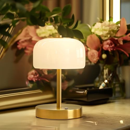 Oneach 9 Cordless Table Lamp, Gold Rechargeable Battery Operated Lamp, 3-Way Stepless Dimming Touch Lamps, Small Glass Bedside Nightstand Light for Bedroom Dining Table Living Room Shelf Decor